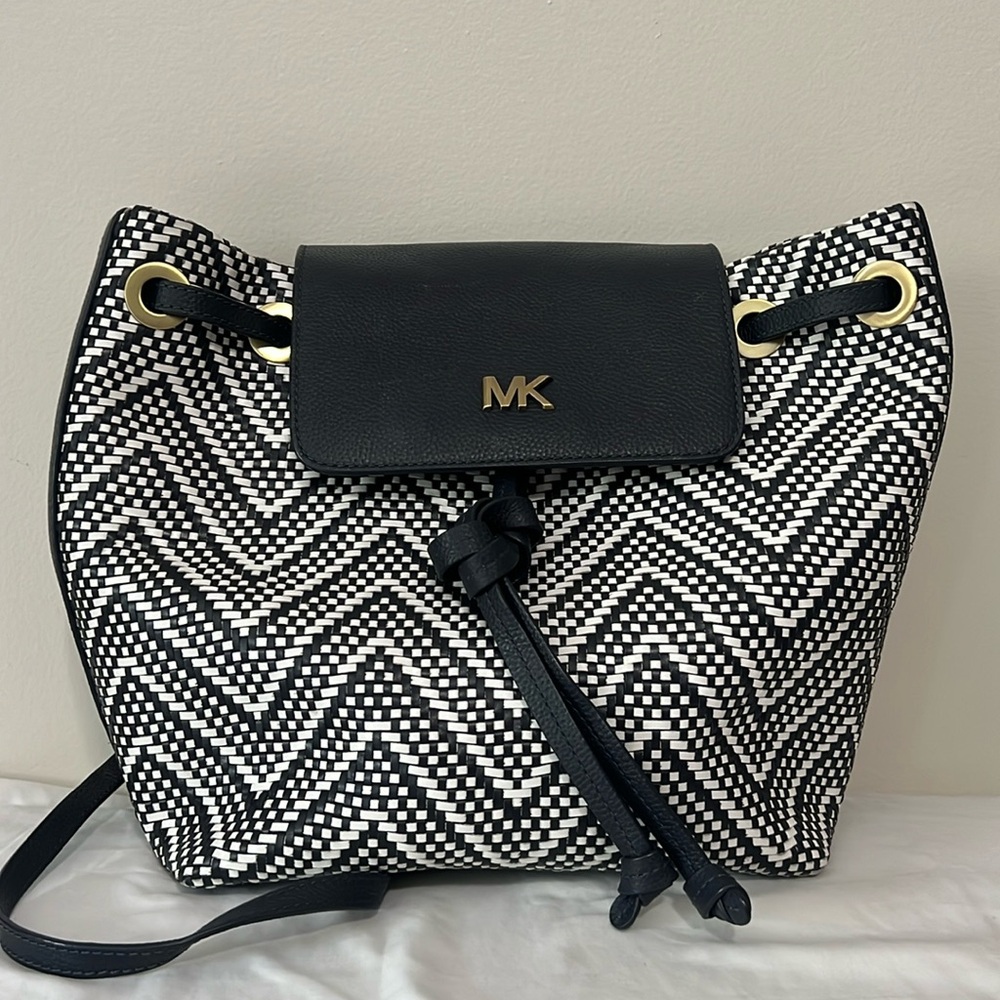 MICHAEL Michael Kors “Junie” Navy & White Woven Chevron Drawstring Backpack